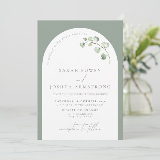 Invitation Mariage de script botanique moderne Sage Green Arc (Debout devant)