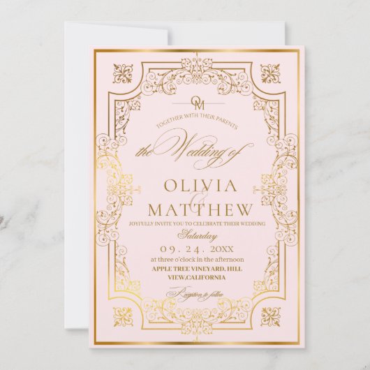 Invitation Mariage de script Chic Blush Pink & Gold Flora (Devant)