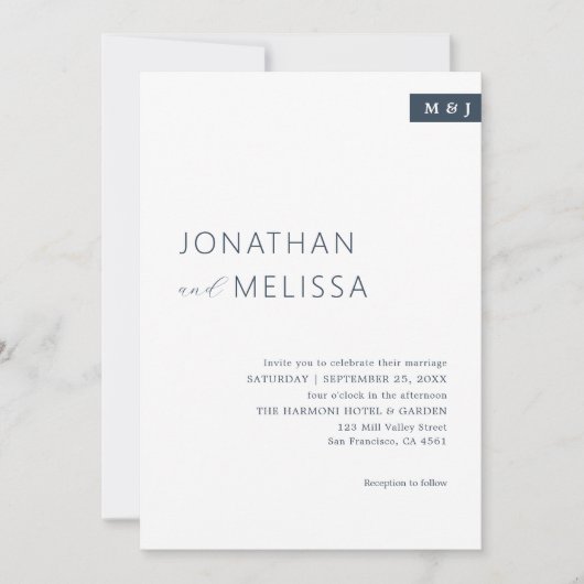 Invitation Mariage de script classique blanc et bleu marine (Devant)