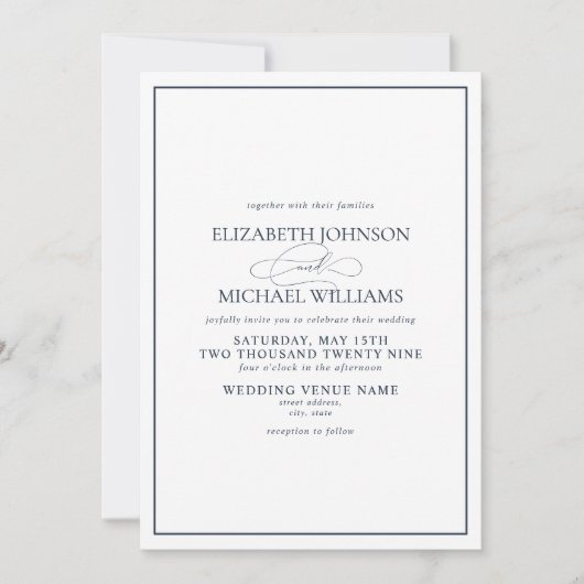 Invitation Mariage de script classique bleu de la marine offi (Devant)