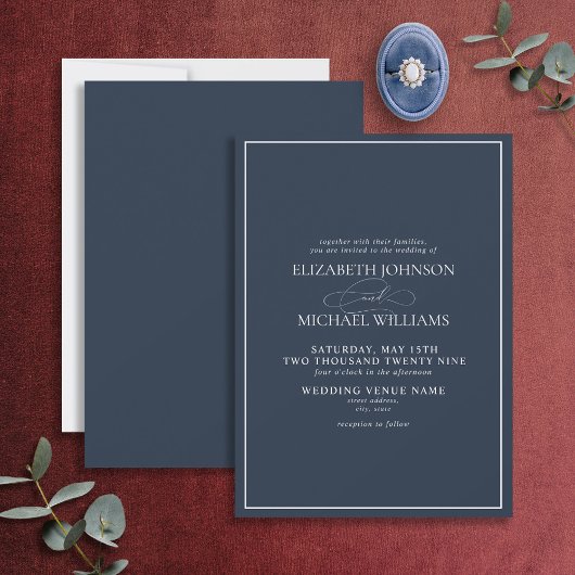 Invitation Mariage de script classique bleu de la marine offi