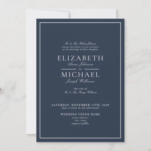 Invitation Mariage de script classique bleu marine (Devant)