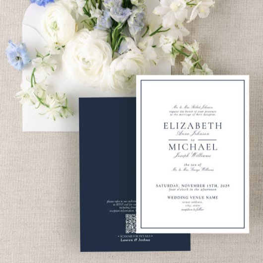 Invitation Mariage de script classique bleu marine QR Code
