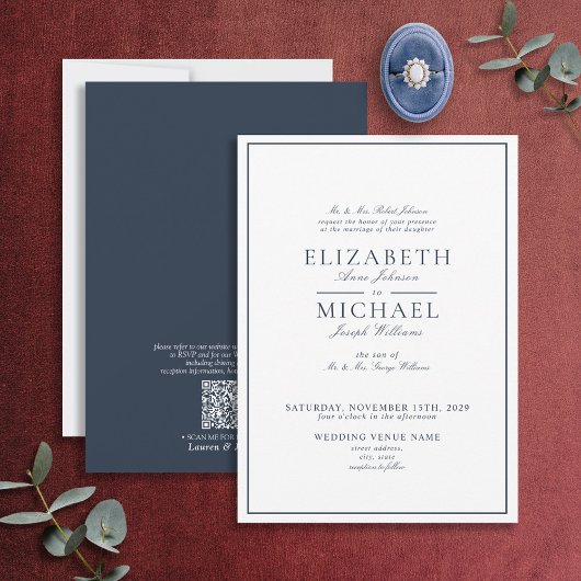 Invitation Mariage de script classique bleu marine QR Code