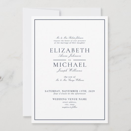 Invitation Mariage de script classique bleu marine QR Code (Devant)