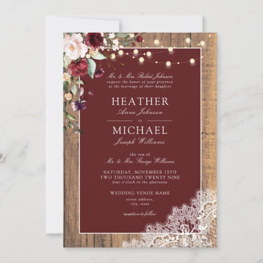 Invitation Mariage de script classique en dentelle de bois cl (Devant)