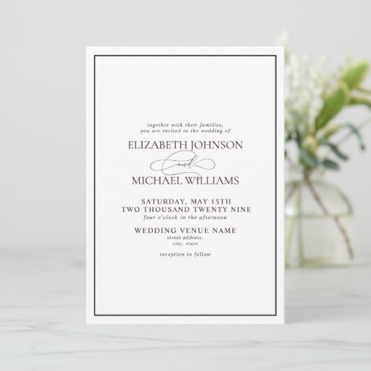 Invitation Mariage de script classique en noir et blanc (Debout devant)