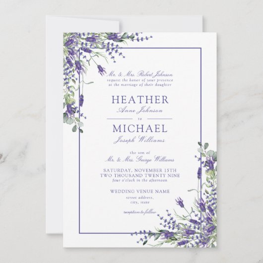 Invitation Mariage de script classique Lavande Eucalyptus Woo (Devant)