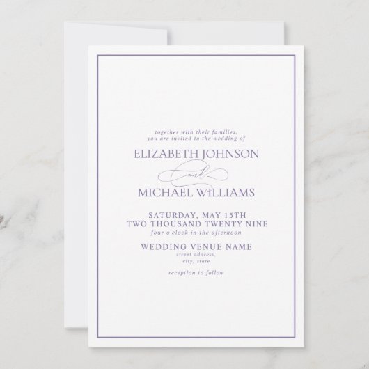 Invitation Mariage de script classique Lavender Lilac (Devant)