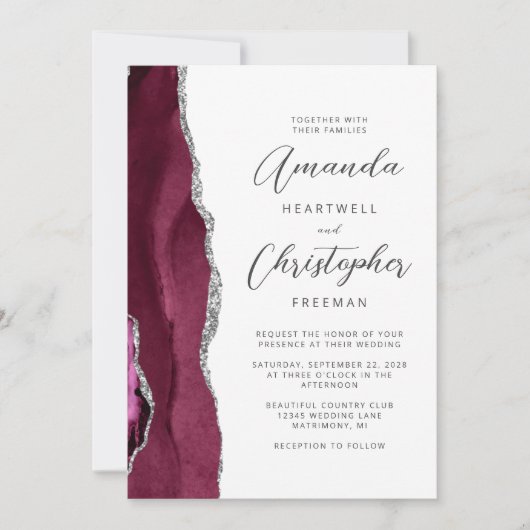 Invitation Mariage de script d'agate d'argent de Bourgogne (Devant)