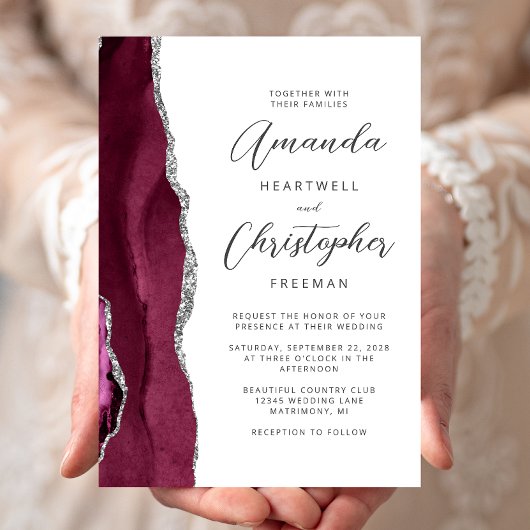 Invitation Mariage de script d'agate d'argent de Bourgogne