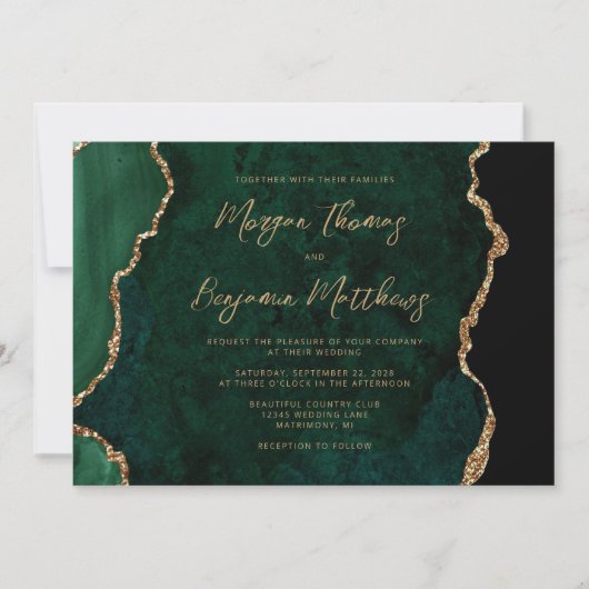 Invitation Mariage de script d'agate d'or Emerald Green (Devant)
