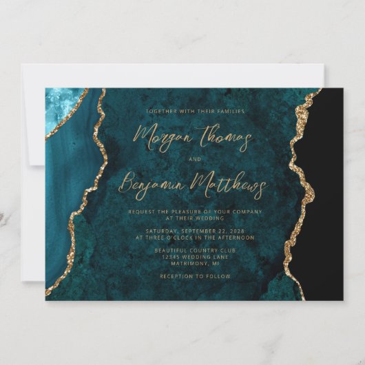 Invitation Mariage de script d'agrégation d'or bleu turquoise (Devant)