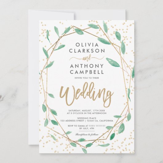 Invitation mariage de script d'aquarelle de verdure à cadre d (Devant)