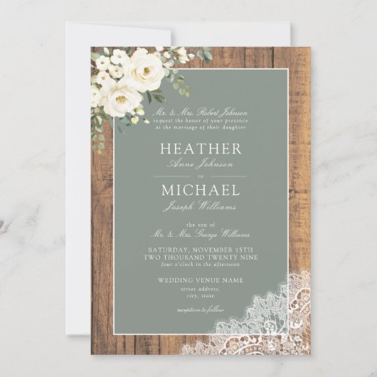 Invitation Mariage de script de bois de fleurs blanc blanc bl (Devant)
