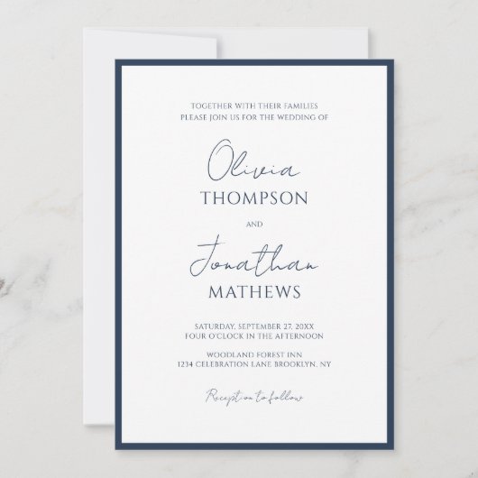 Invitation Mariage de script de bordure bleu marine simple (Devant)
