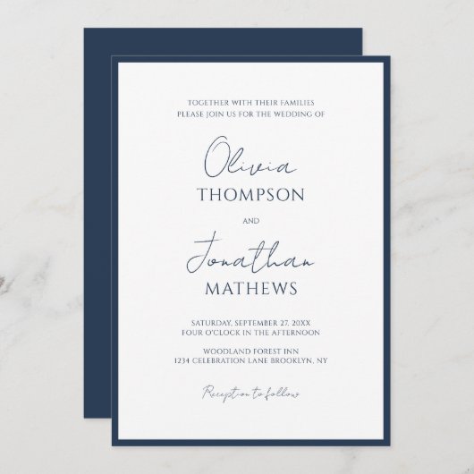 Invitation Mariage de script de bordure bleu marine simple (Devant / Derrière)