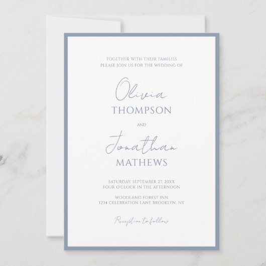 Invitation Mariage de script de bordure bleu simple et poussi (Devant)