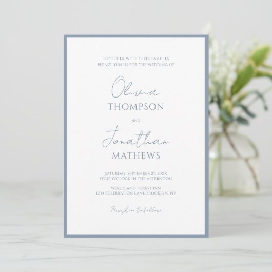 Invitation Mariage de script de bordure bleu simple et poussi (Debout devant)