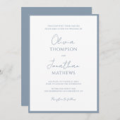 Invitation Mariage de script de bordure bleu simple et poussi (Devant / Derrière)