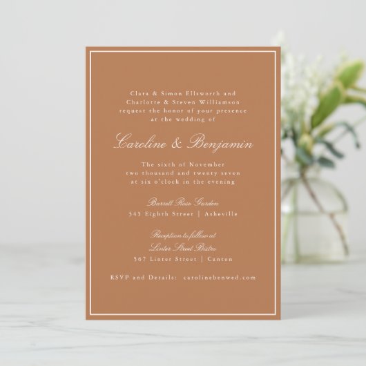 Invitation Mariage de script de bordure classique en terre cu (Debout devant)