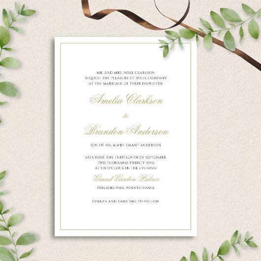 Invitation Mariage de script de bordure noir et or classique