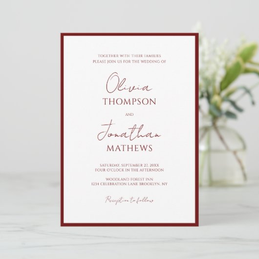 Invitation Mariage de script de bordure rouge bordeaux simple (Debout devant)