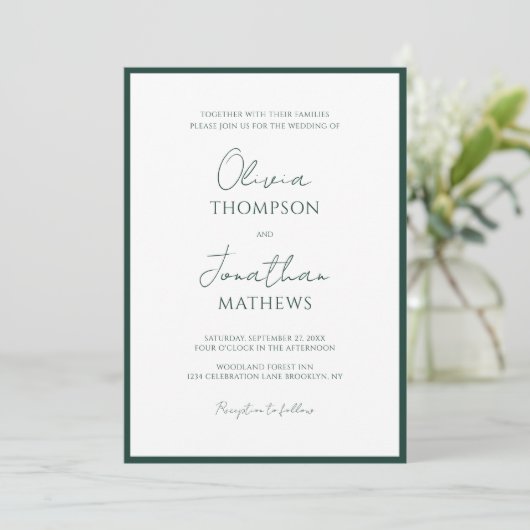Invitation Mariage de script de bordure verte de forêt simple (Debout devant)
