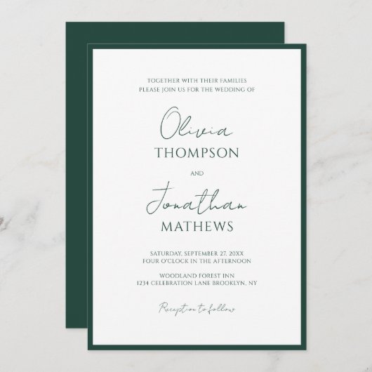 Invitation Mariage de script de bordure verte de forêt simple (Devant / Derrière)