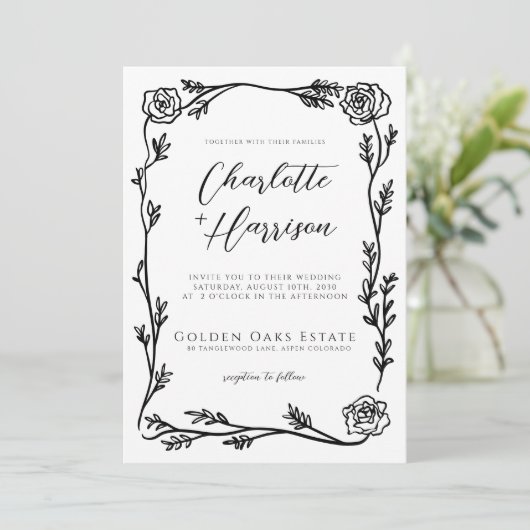 Invitation Mariage de script de cadre de fleurs (Debout devant)