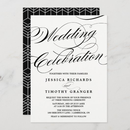 Invitation Mariage de script de calligraphie noir et blanc (Devant / Derrière)