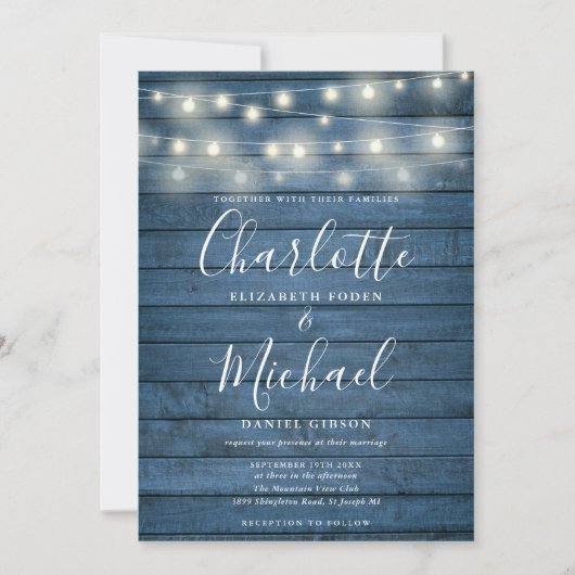 Invitation Mariage de script de chaîne en bois rustique bleu (Devant)
