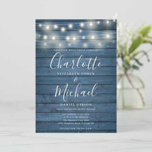 Invitation Mariage de script de chaîne en bois rustique bleu (Debout devant)