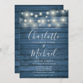 Invitation Mariage de script de chaîne en bois rustique bleu (Devant / Derrière)