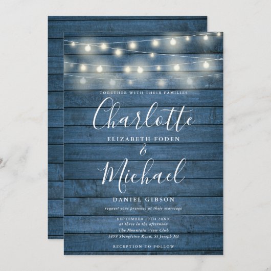 Invitation Mariage de script de chaîne en bois rustique bleu (Devant / Derrière)