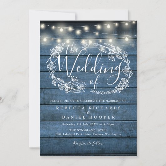 Invitation Mariage de script de chaîne en bois rustique bleu (Devant)