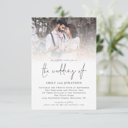 Invitation Mariage de script de code QR de photo moderne (Debout devant)