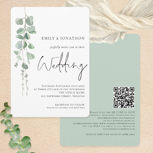 Invitation Mariage de script de code QR Eucalyptus moderne