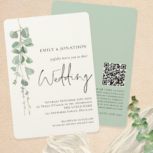 Invitation Mariage de script de code QR Eucalyptus moderne