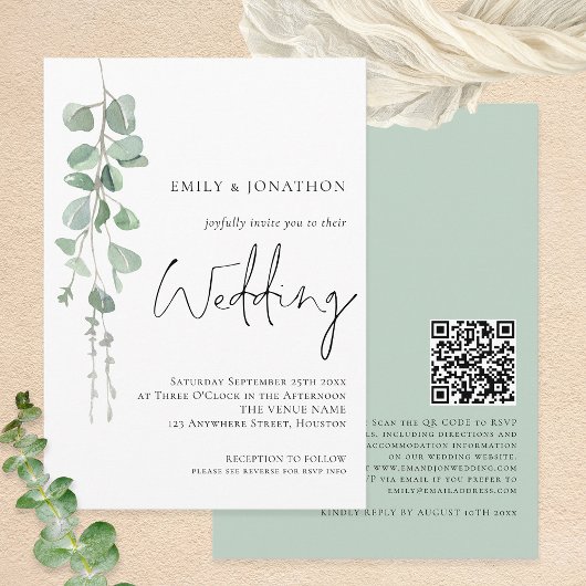 Invitation Mariage de script de code QR Eucalyptus moderne