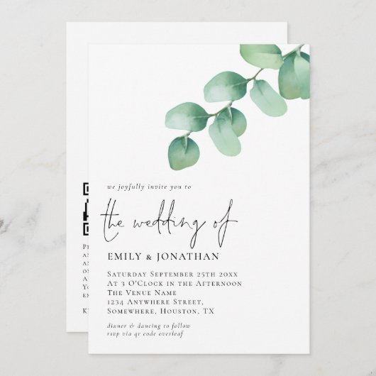 Invitation Mariage de script de code QR Feuille Eucalyptus (Devant / Derrière)