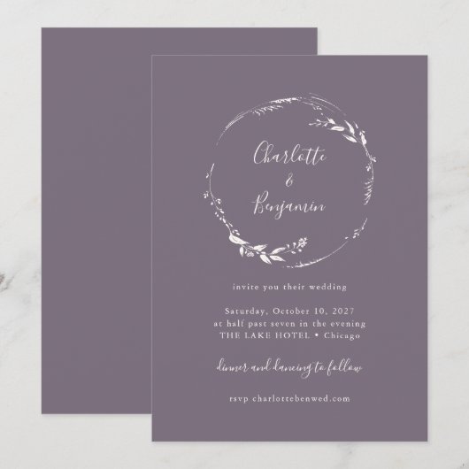 Invitation Mariage de script de couronne florale foncé Dusty  (Devant / Derrière)