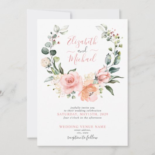 Invitation Mariage de script de couronne rose pâle (Devant)