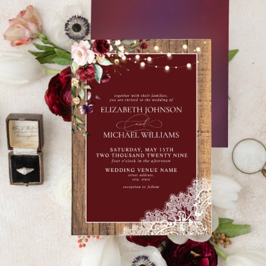 Invitation Mariage de script de dentelle en bois clair de Bou