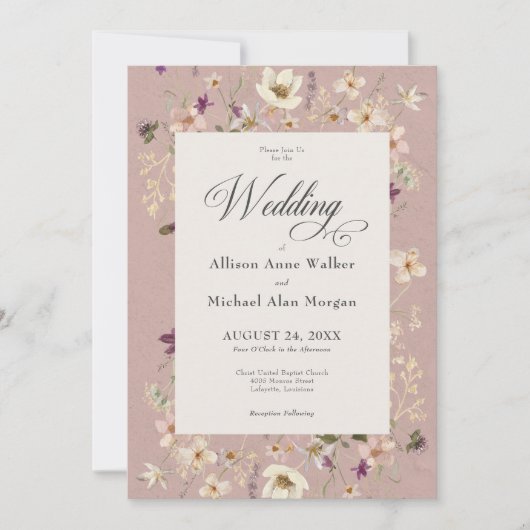 Invitation Mariage de script de Fleur sauvage rose rustique (Devant)