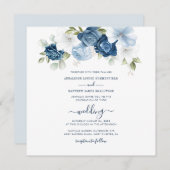 Invitation Mariage de script de fleurs bleu foncé (Devant / Derrière)
