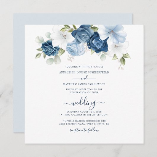 Invitation Mariage de script de fleurs bleu foncé (Devant / Derrière)