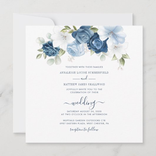 Invitation Mariage de script de fleurs bleu foncé (Devant)