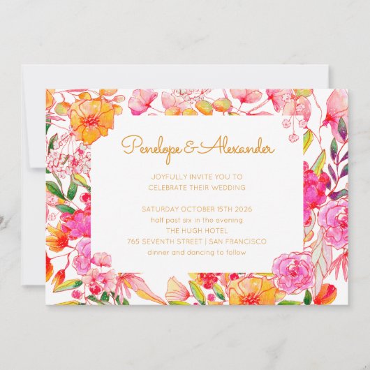 Invitation Mariage de script de fleurs d'aquarelle rose et or (Devant)