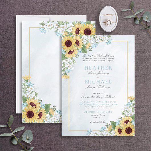 Invitation Mariage de script de fleurs de tournesol bleu fonc